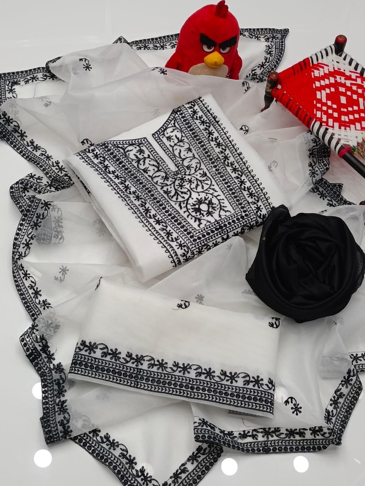 3 Pcs Khaddi Net Embroidered Suit with Khatan Trouser (Unstitched) - Image 5