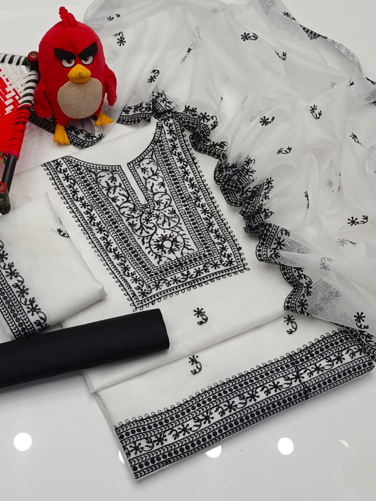 3 Pcs Khaddi Net Embroidered Suit with Khatan Trouser (Unstitched) - Image 3