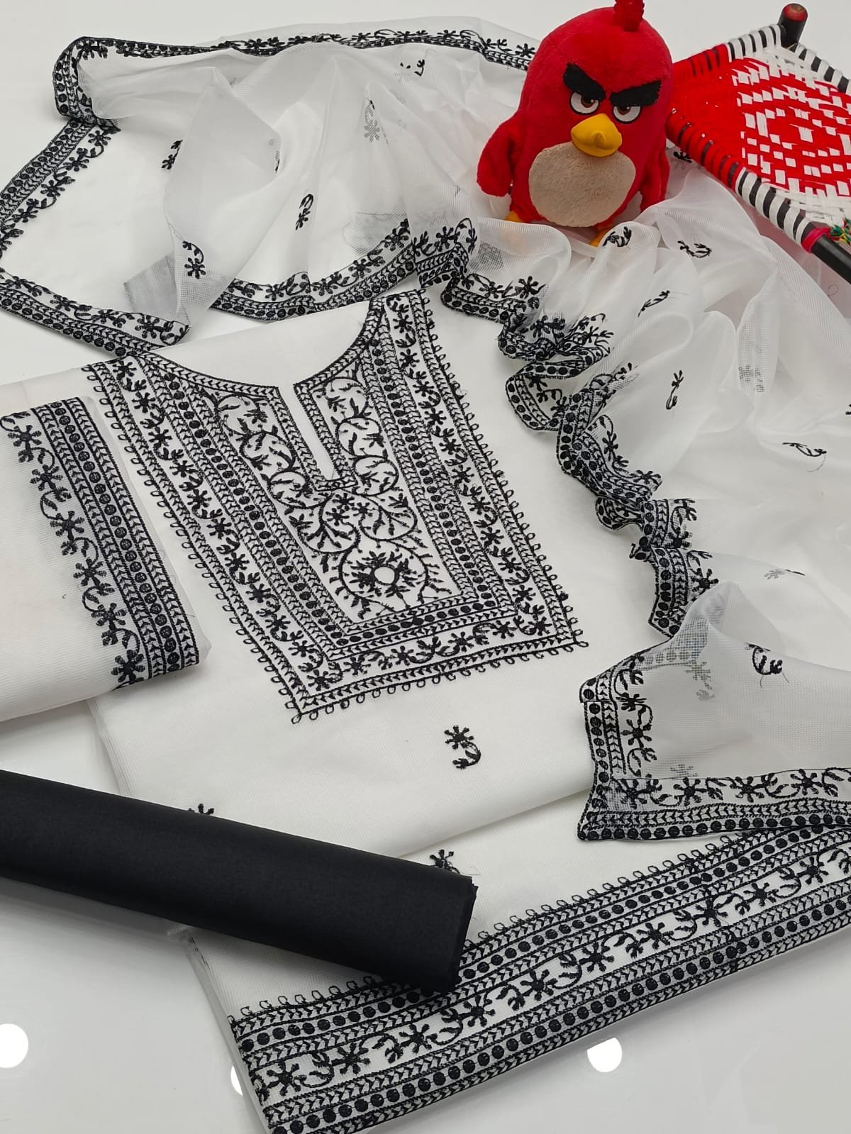 3 Pcs Khaddi Net Embroidered Suit with Khatan Trouser (Unstitched) - Image 2