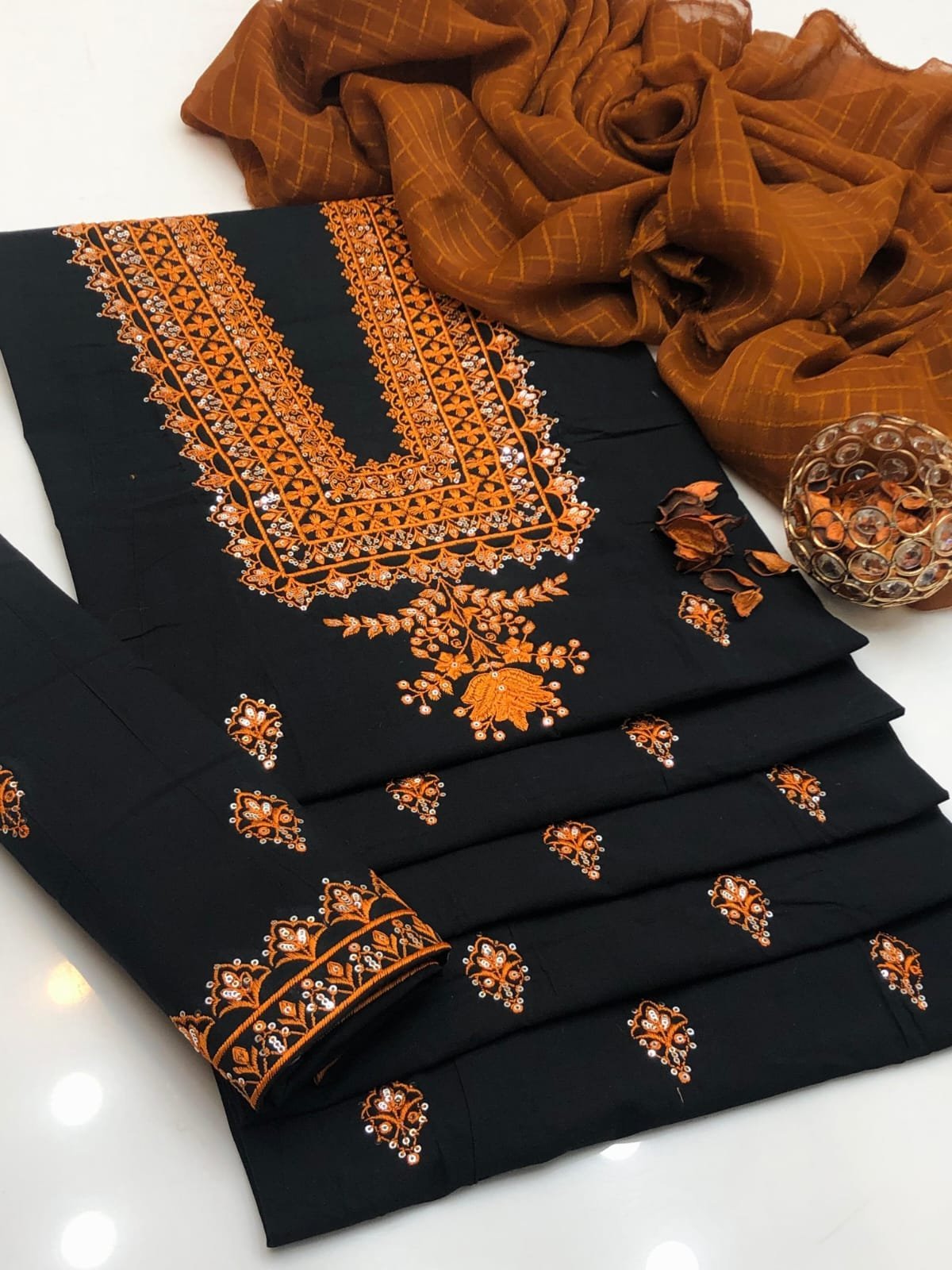 Premium Cotton Embroidered Suit with Chiffon Check Dupatta - Image 2