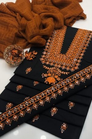 Premium Cotton Embroidered Suit with Chiffon Check Dupatta