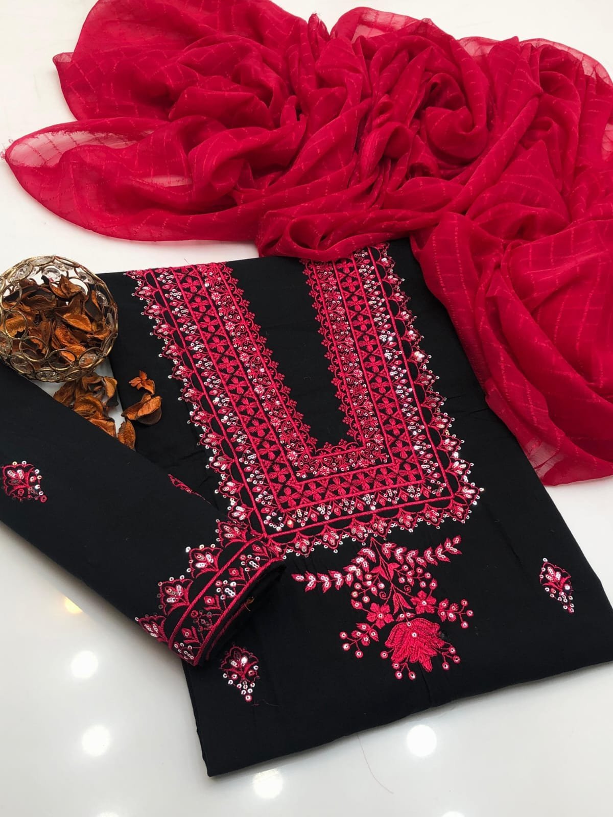 Premium Cotton Embroidered Suit with Chiffon Check Dupatta - Image 5