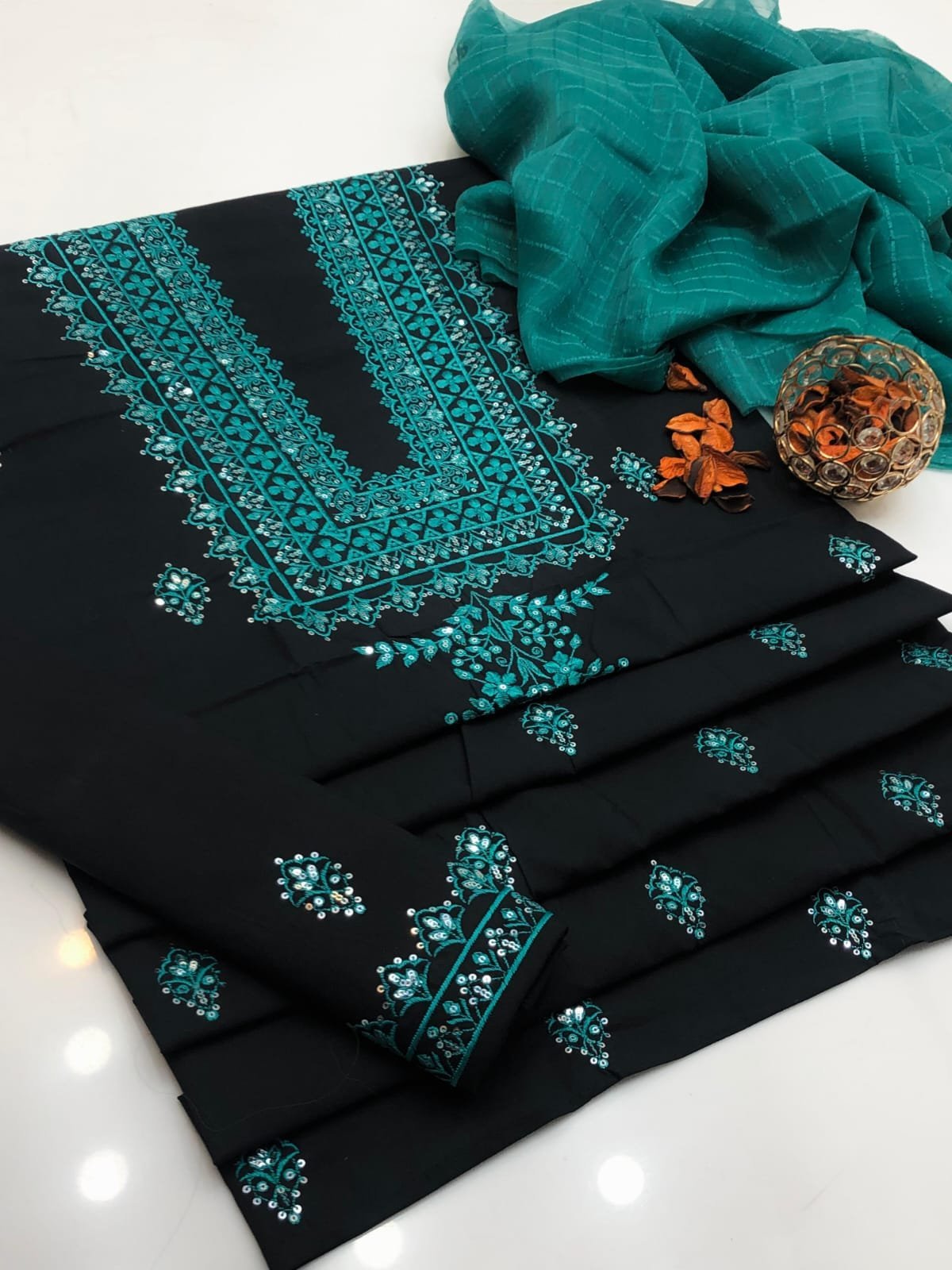 Premium Cotton Embroidered Suit with Chiffon Check Dupatta - Image 8