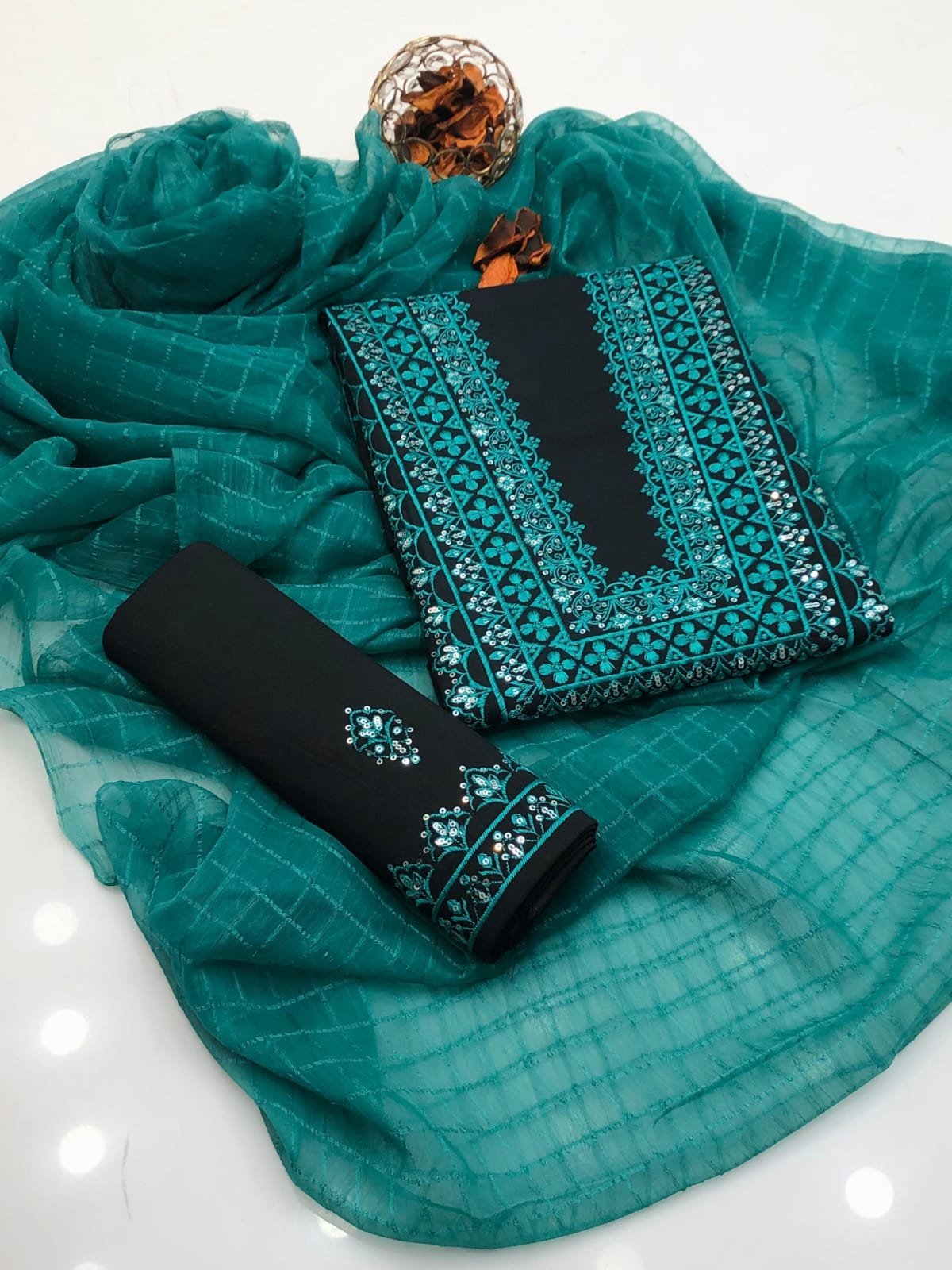 Premium Cotton Embroidered Suit with Chiffon Check Dupatta - Image 7