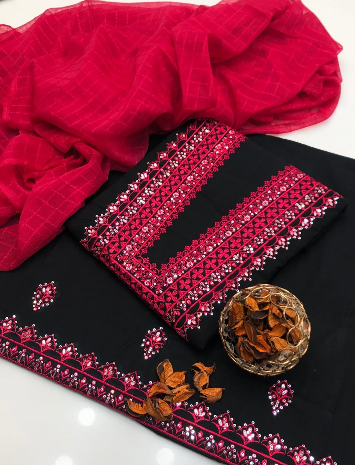 Premium Cotton Embroidered Suit with Chiffon Check Dupatta - Image 10