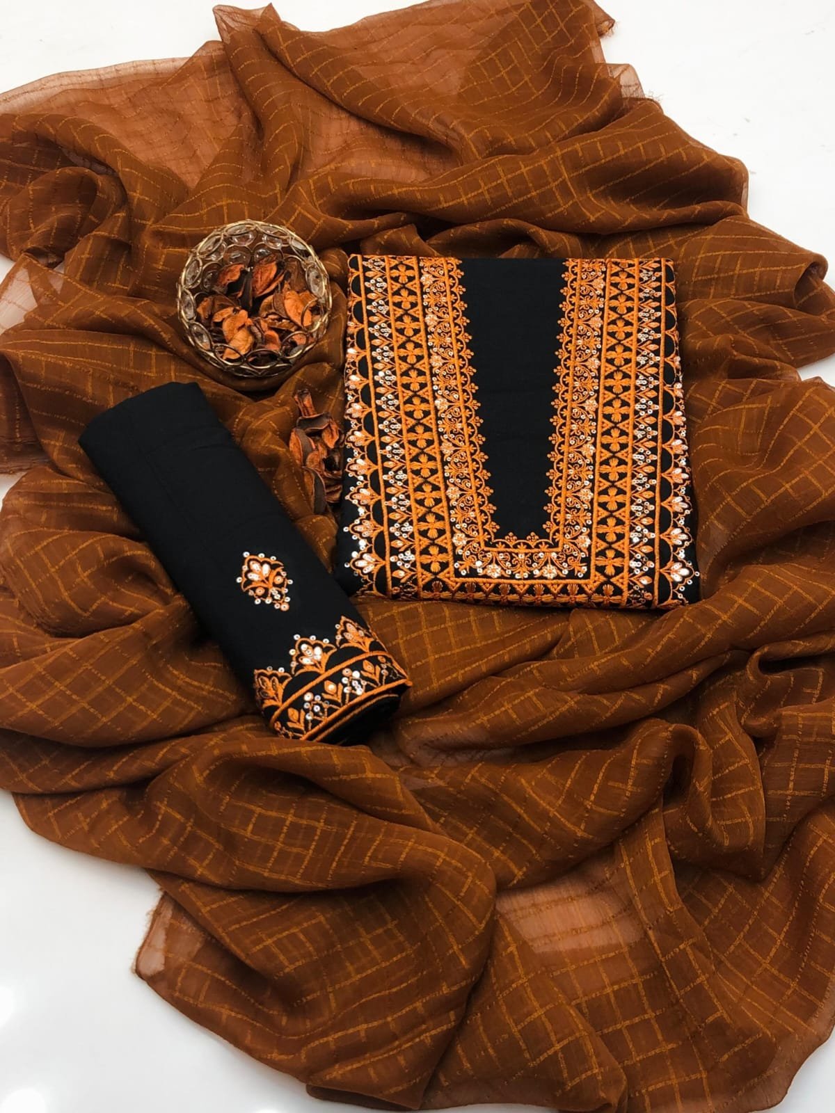 Premium Cotton Embroidered Suit with Chiffon Check Dupatta - Image 9