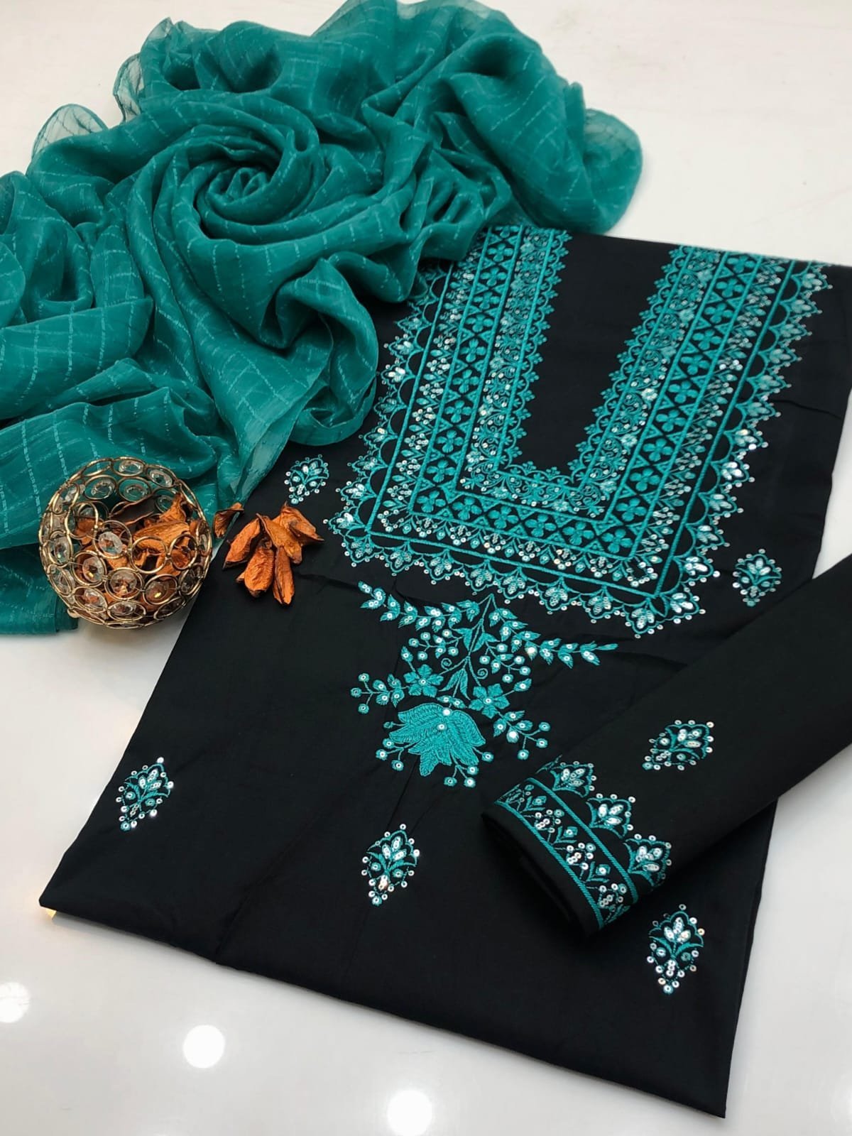 Premium Cotton Embroidered Suit with Chiffon Check Dupatta - Image 3