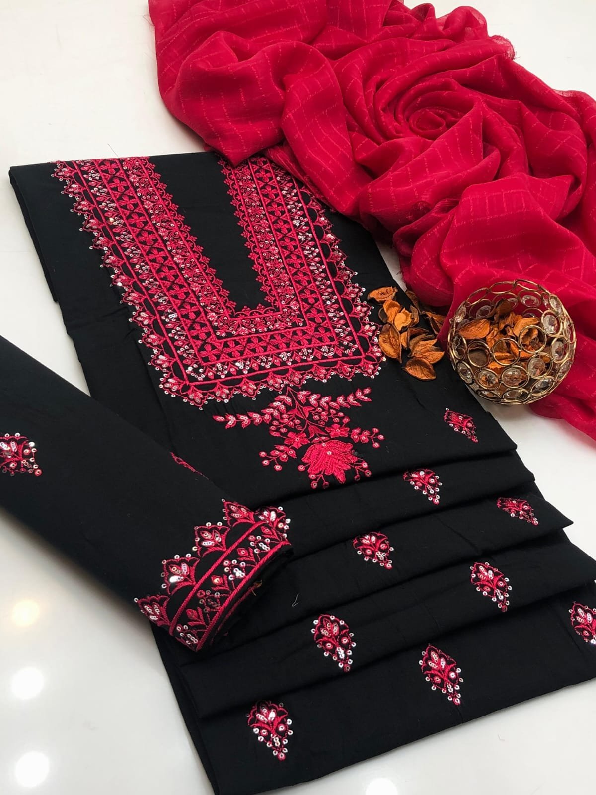 Premium Cotton Embroidered Suit with Chiffon Check Dupatta - Image 4