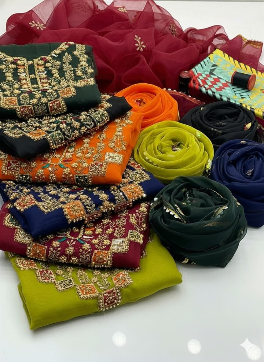 Luxury Organza Multi Appliqué Tilla Aari Beads Embroidered 3PC Suit