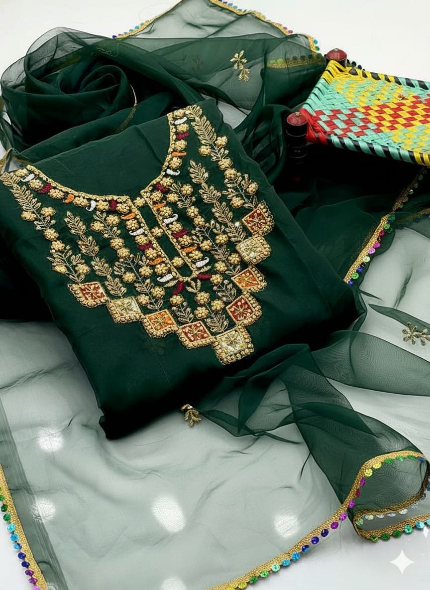 Luxury Organza Multi Appliqué Tilla Aari Beads Embroidered 3PC Suit - Image 9