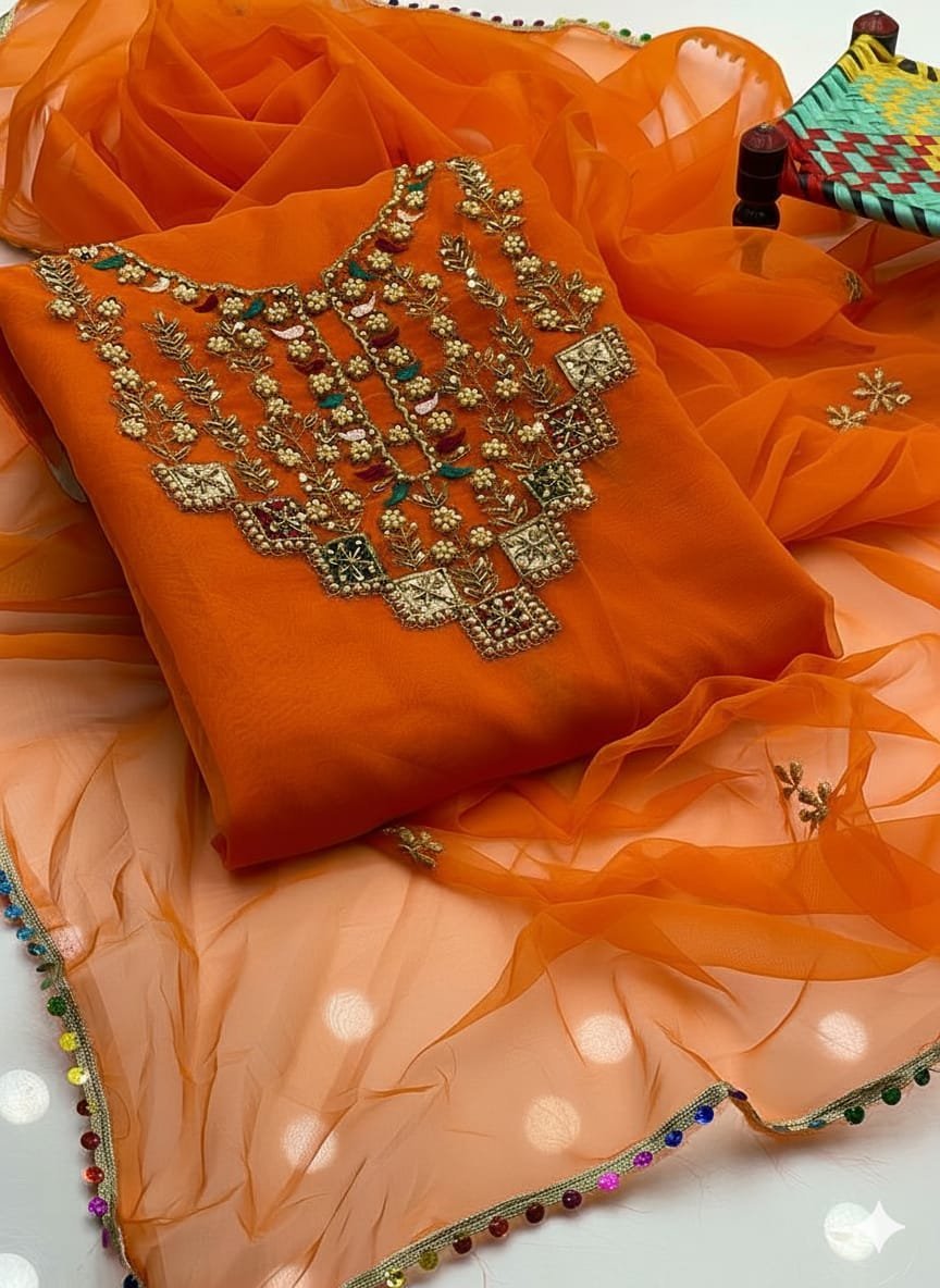 Luxury Organza Multi Appliqué Tilla Aari Beads Embroidered 3PC Suit - Image 10