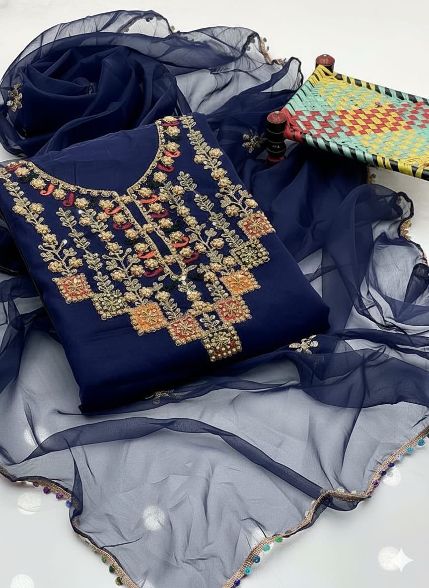 Luxury Organza Multi Appliqué Tilla Aari Beads Embroidered 3PC Suit - Image 8