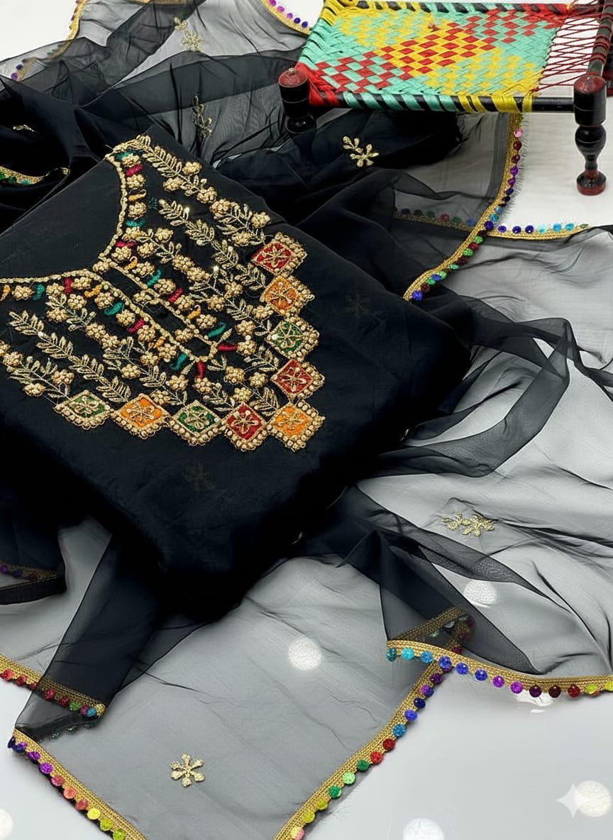 Luxury Organza Multi Appliqué Tilla Aari Beads Embroidered 3PC Suit - Image 13