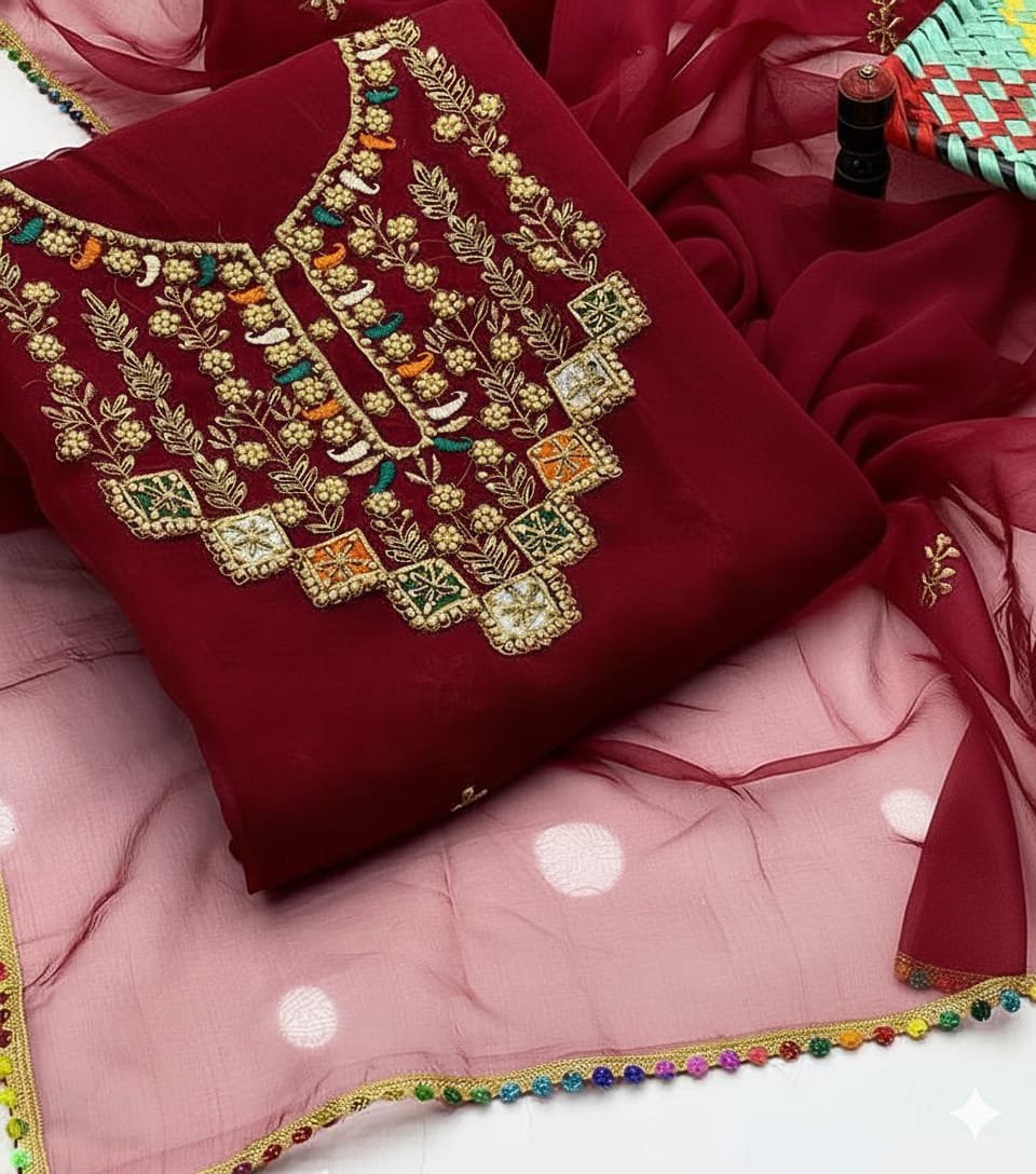 Luxury Organza Multi Appliqué Tilla Aari Beads Embroidered 3PC Suit - Image 12