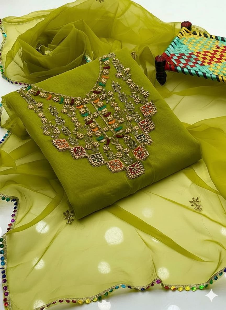 Luxury Organza Multi Appliqué Tilla Aari Beads Embroidered 3PC Suit - Image 11