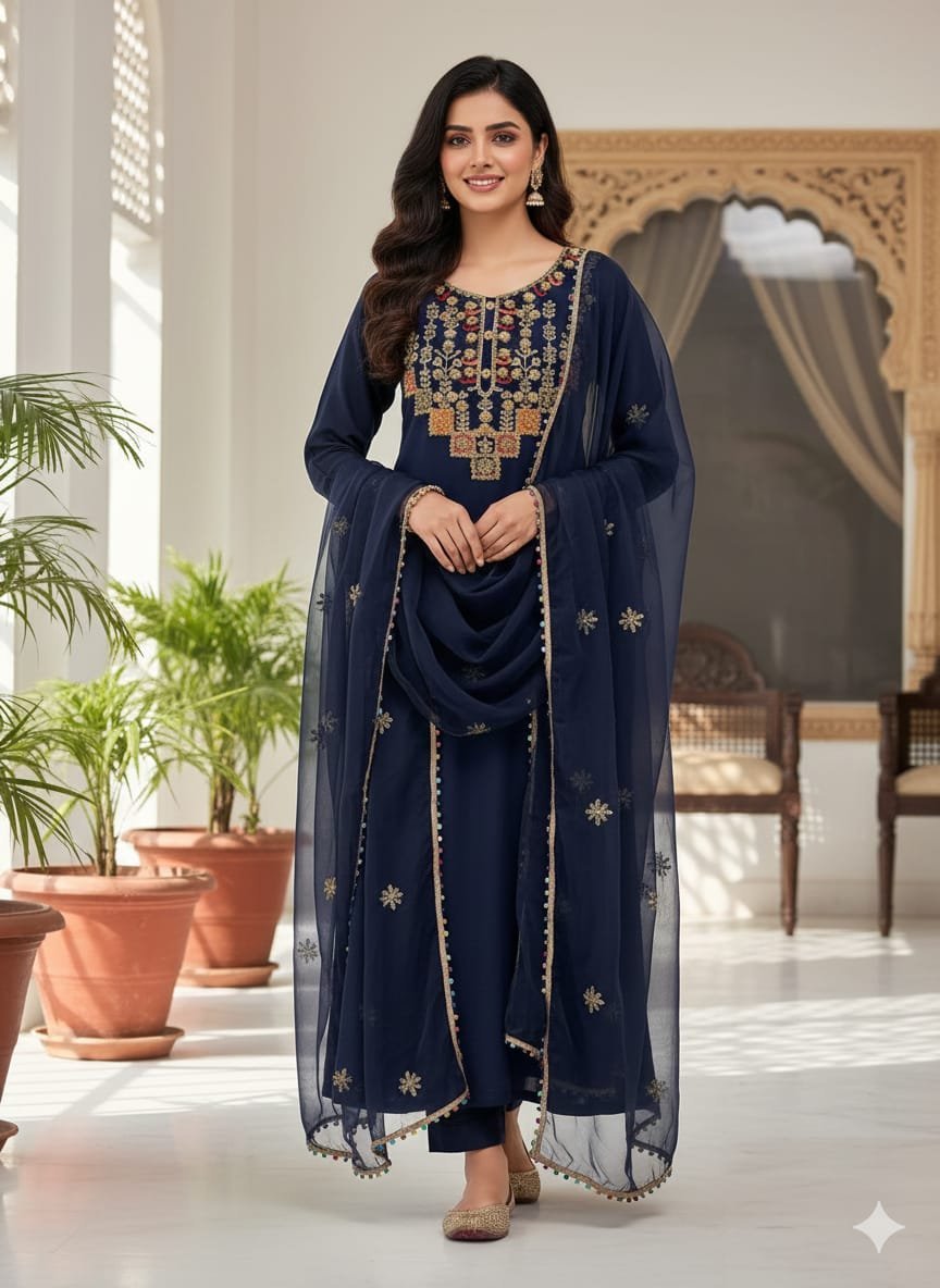 Luxury Organza Multi Appliqué Tilla Aari Beads Embroidered 3PC Suit - Image 3