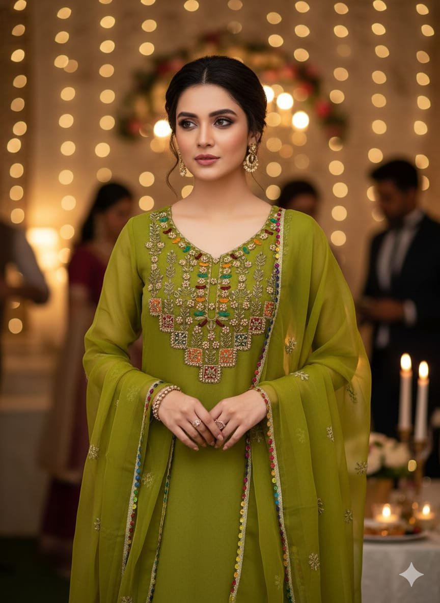 Luxury Organza Multi Appliqué Tilla Aari Beads Embroidered 3PC Suit - Image 4