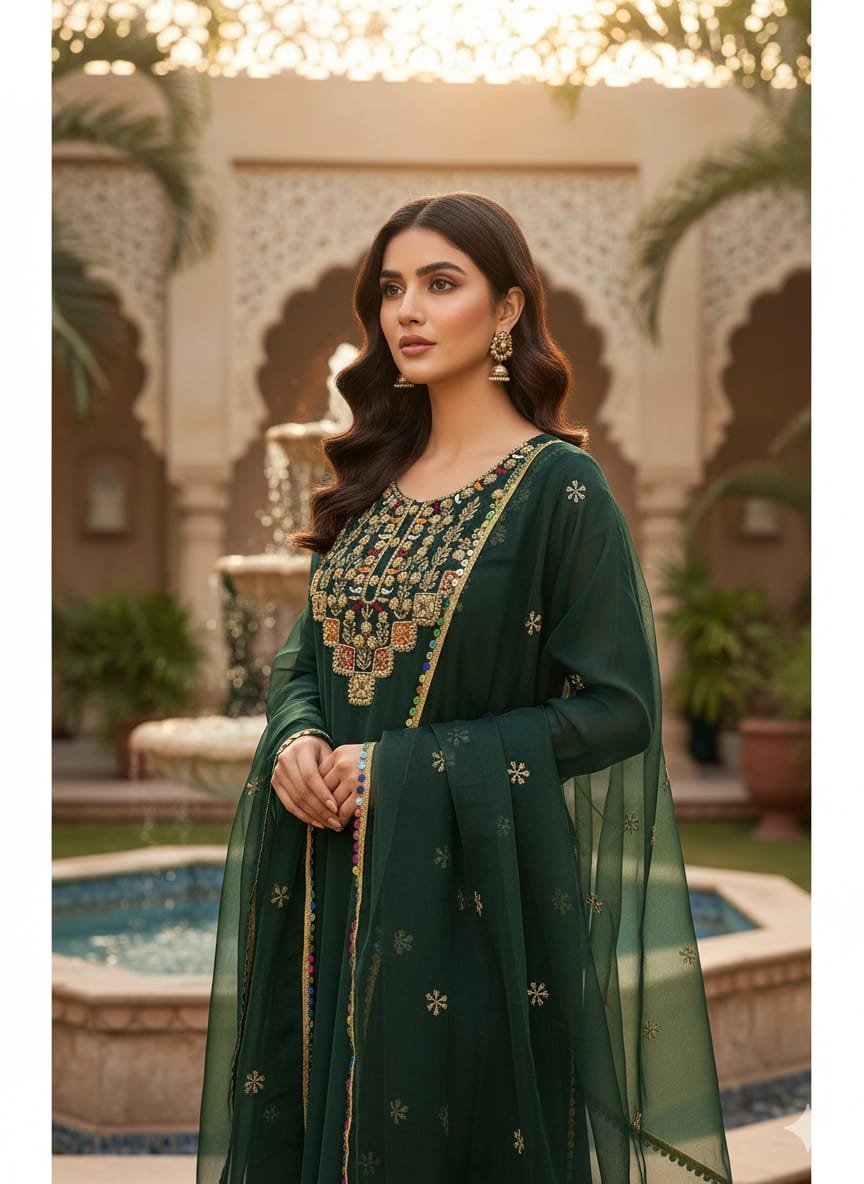 Luxury Organza Multi Appliqué Tilla Aari Beads Embroidered 3PC Suit - Image 7