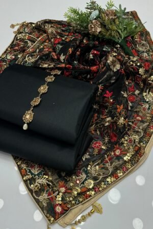 Heavy Indian Embroidered Organza Dupatta 3-Piece Kattan Silk Dress