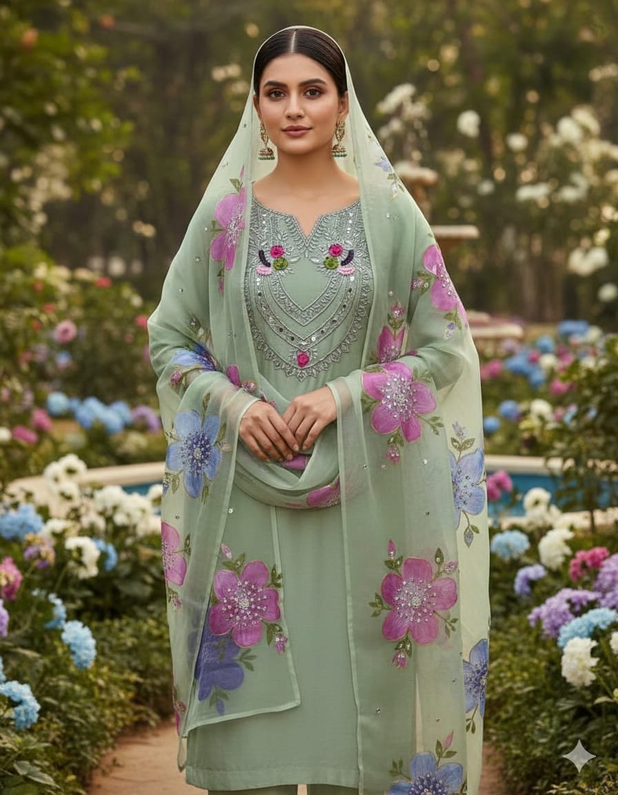 Fancy Wedding 3-Piece Dress with Organza Mirror & Tilla Work - Image 3