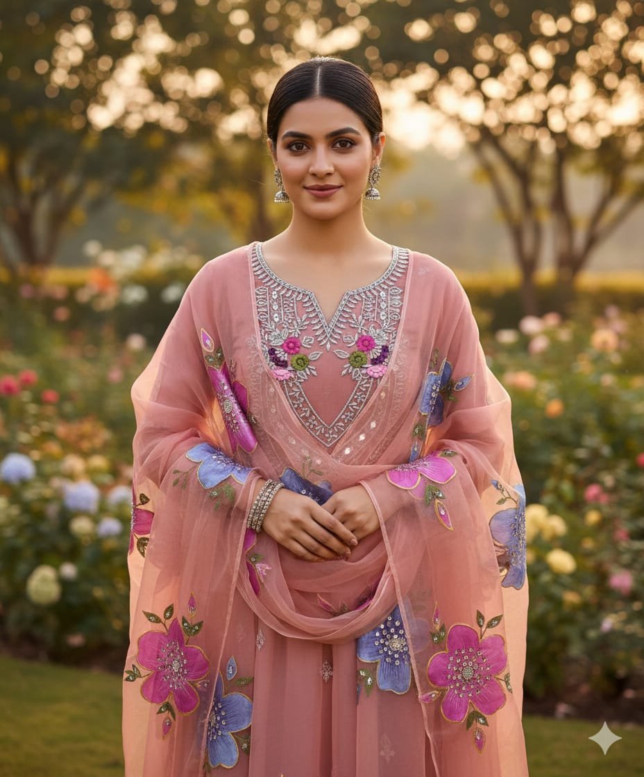 Fancy Wedding 3-Piece Dress with Organza Mirror & Tilla Work