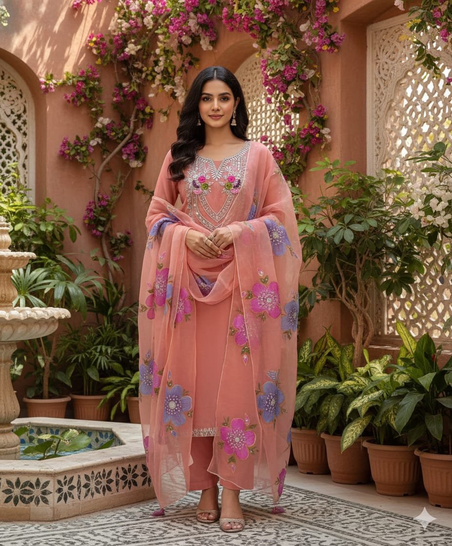 Fancy Wedding 3-Piece Dress with Organza Mirror & Tilla Work - Image 2