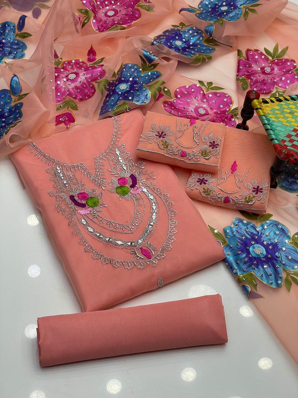 Fancy Wedding 3-Piece Dress with Organza Mirror & Tilla Work - Image 12