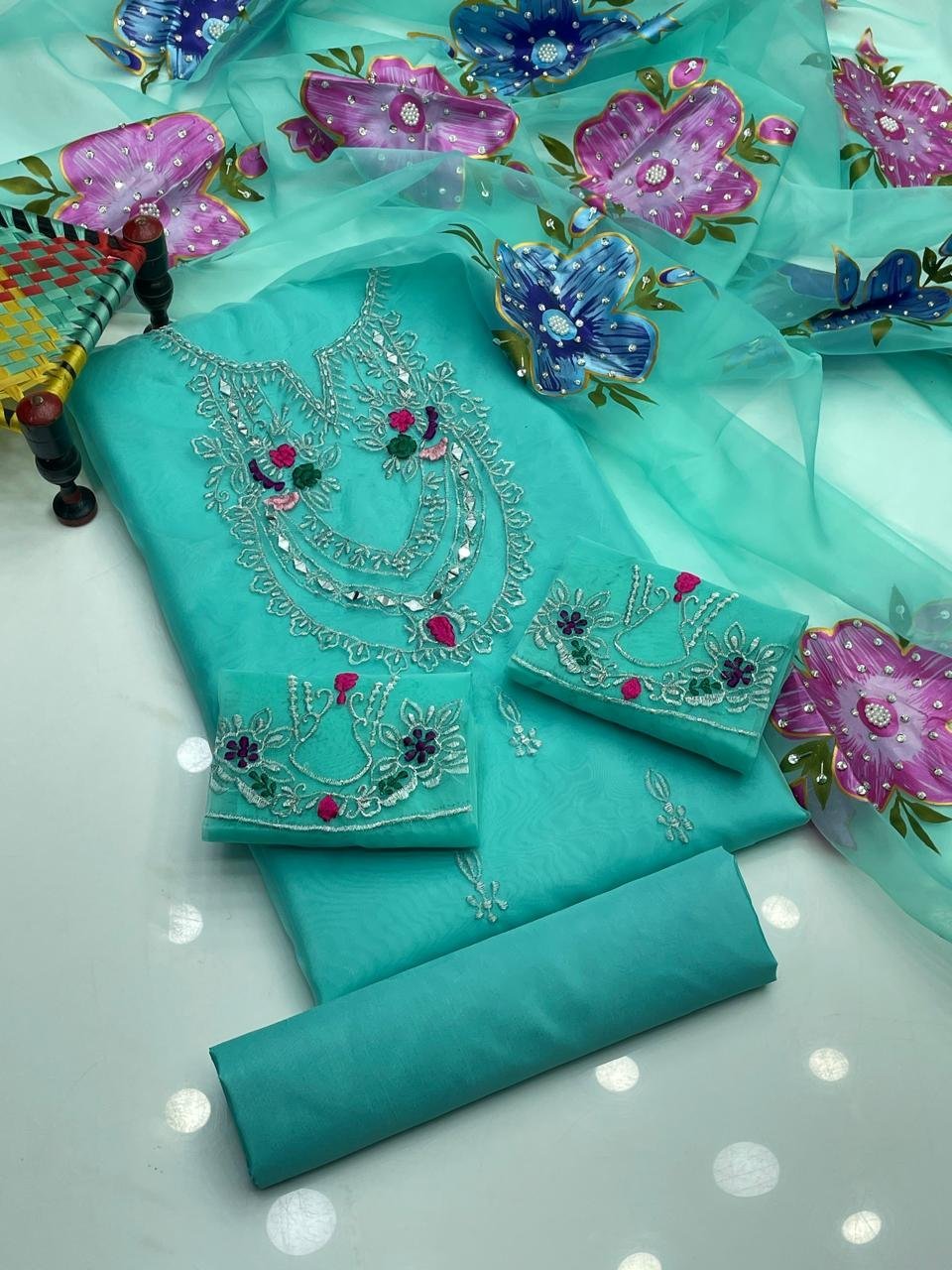 Fancy Wedding 3-Piece Dress with Organza Mirror & Tilla Work - Image 8