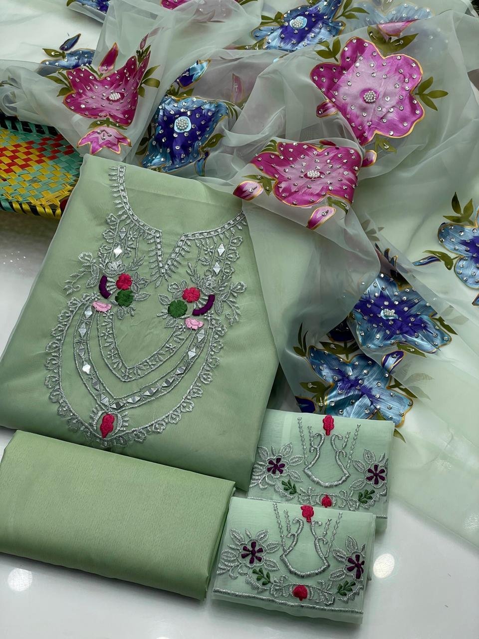 Fancy Wedding 3-Piece Dress with Organza Mirror & Tilla Work - Image 10