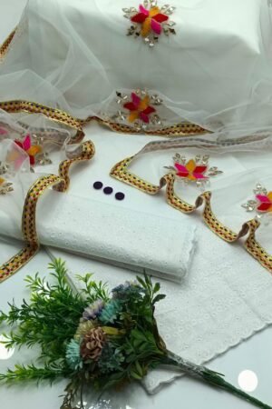 White Chicken Kari Cotton Suit with Net Mirror Dupatta