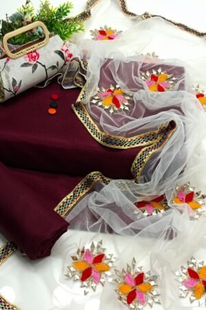 Trendy 4-Piece Kattan Silk Dress with Net Dupatta & Floral Purse
