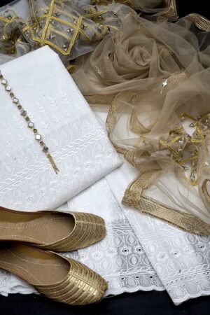 Chicken Kari Cotton 4-Piece Embroidered Dress with Net Dupatta