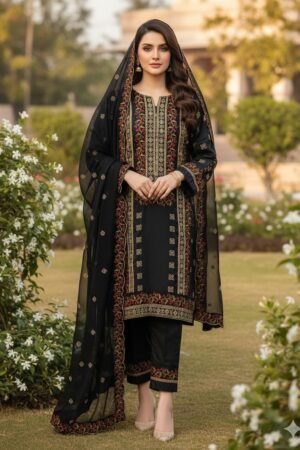 Black Multi Contrast Cross-Stitch Lawn Cotton 3PC Suit