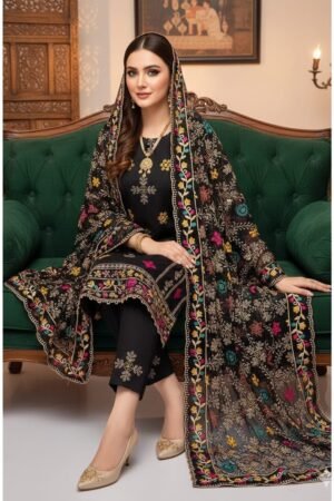 Phulkari Style Khaddi Net 3PC Suit with Heavy Jaal Embroidery