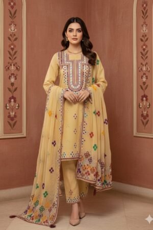 Traditional Lawn 3PC Suit with Heavy Embroidery & Chiffon Dupatta
