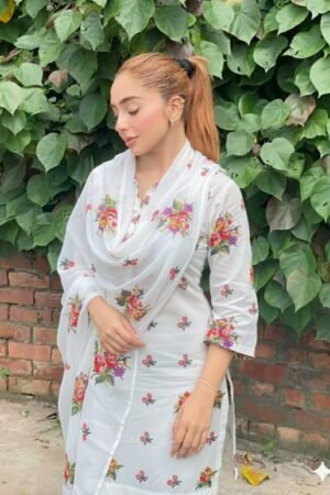 Paper Cotton Cross-Stitch Embroidered 3PC Suit with Qatan Silk Trouser