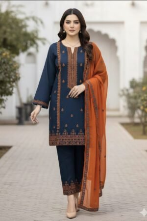 Cotton Cross Stitch Embroidered 3PC Suit with Chiffon Dupatta