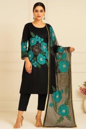 Handmade Oil Painted 3PC Organza Dress with Katan Silk Trouser