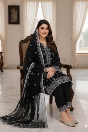 Black & White Cross Stitch Embroidered Lawn 3PC Suit