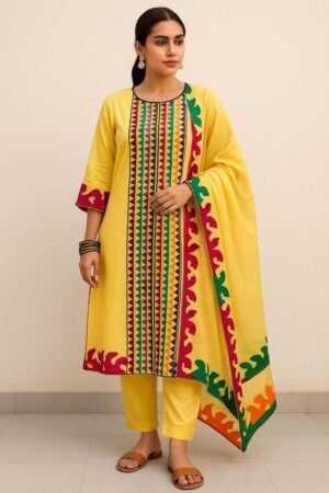 Handmade Big Flower Applique GTM Lawn 3PC Suit