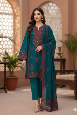 Traditional Heavy Embroidered Lawn 3PC Dress with Chiffon Dupatta