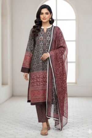 Ajrak Print 3PC Digital Printed Shamooz Silk Suit