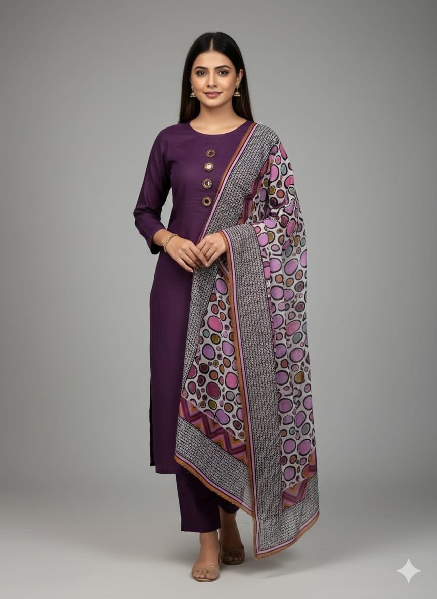 Chiffon Digital Printed Dupatta with Kattan Silk 3PC Suit - Image 9