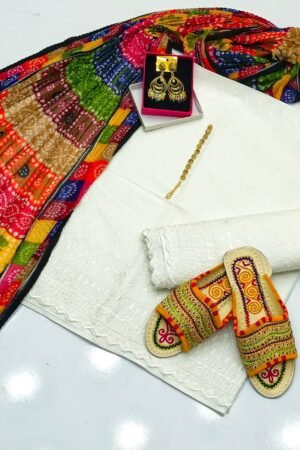 White Chicken Kari 3PC Suit with Multi Chunri Dupatta & Kolapuri Chappal