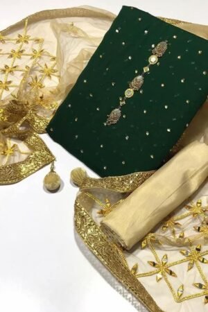 Chiffon Bindi Work 3PC Suit with Net Mirror Aari Dupatta