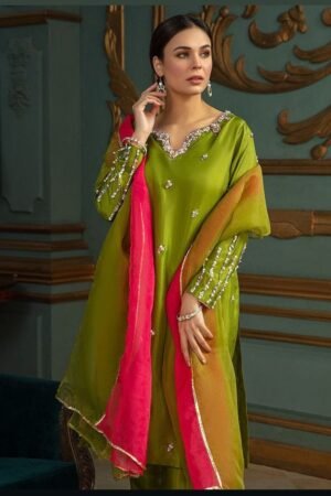 Kattan Silk Crystal & Mooti Handwork 3PC Suit with Organza Dupatta