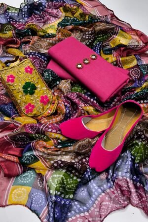 Chunri Style Katan Silk 3PC Summer Suit with Khussa & Potli