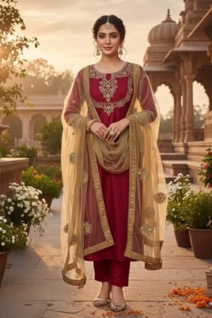 Kattan Silk 3PC Dress with Real Mirror Work & Net Dupatta