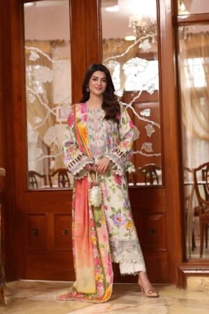 Unstitched Replica Lawn Embroidered Suit with Chiffon Dupatta