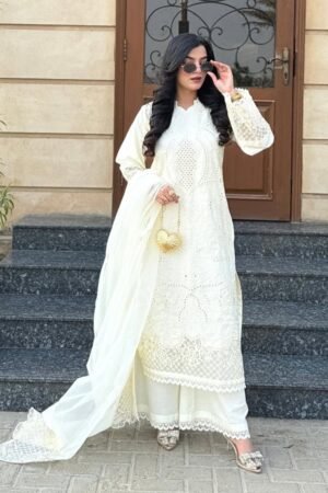 Heavy Embroidered Lawn Suit with Khadi Net Dupatta – 3 Piece